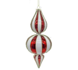 Glass Finial Orn Red/White Stripes