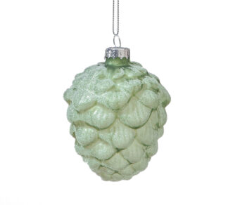 Glass Pinecone Orn Slate Green W/Ice Glitter